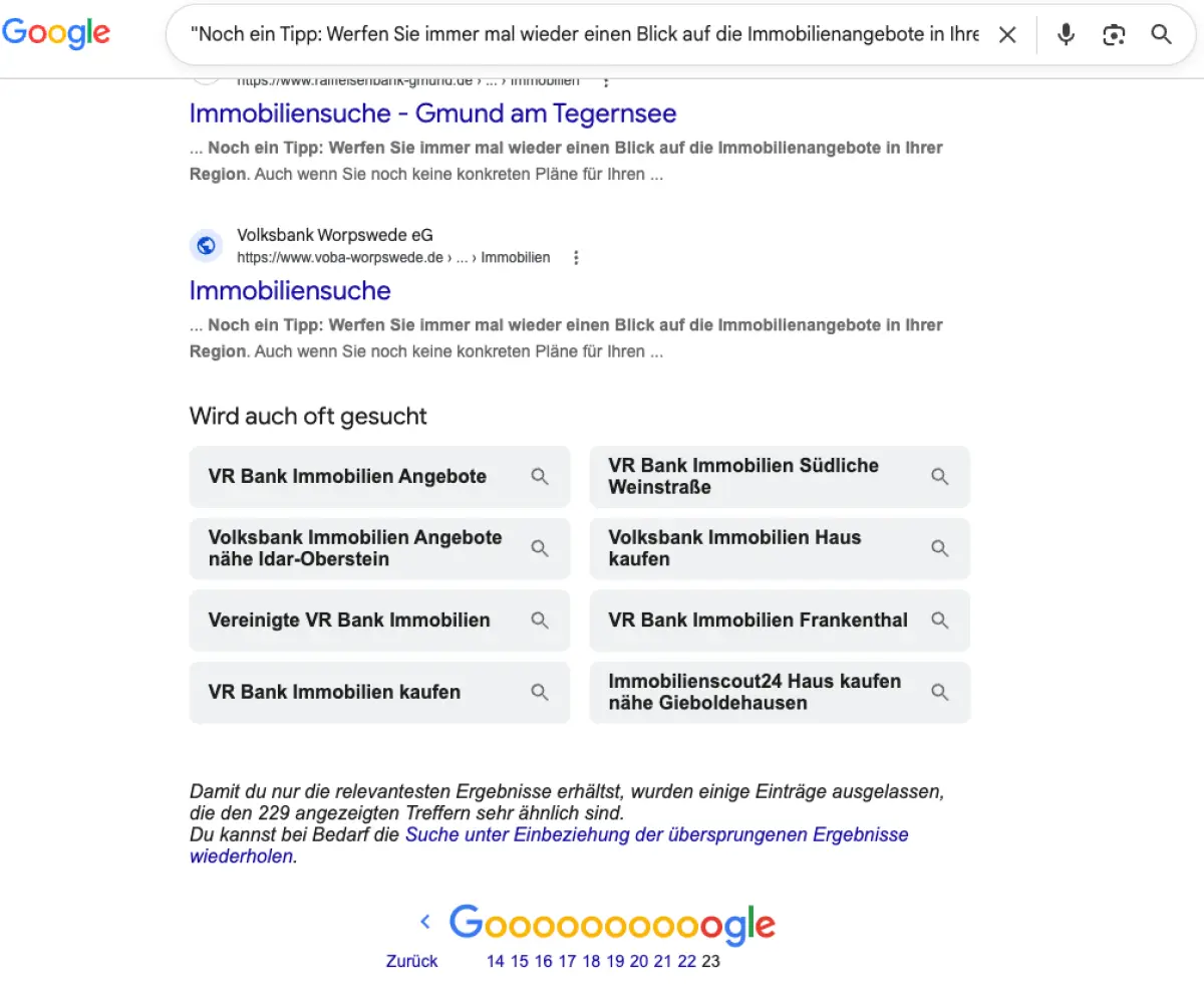 Google-Suche nach einem wörtlichen Textabschnitt: mehrere Volksbank-Immobilienseiten mit demselben Ratgebertext in den Treffern