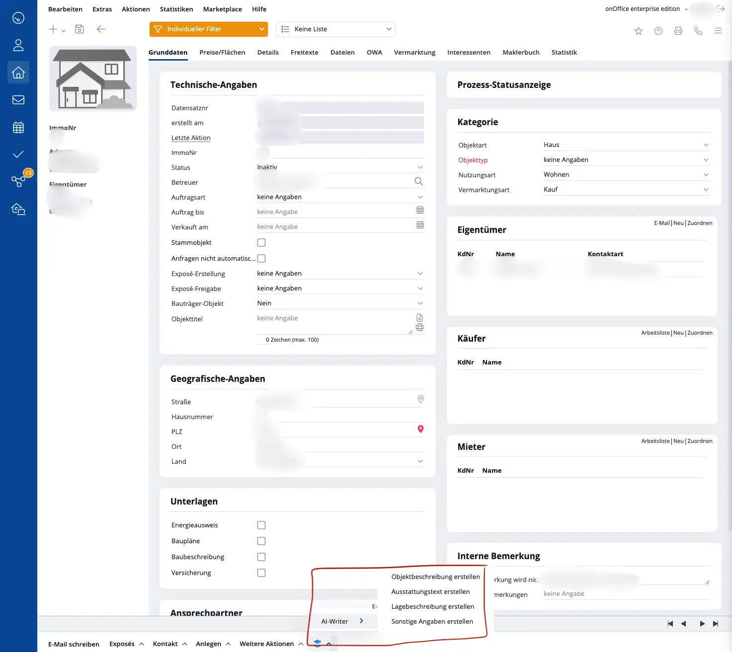 Abbildung wo der AI-Writer in OnOffice zu finden ist