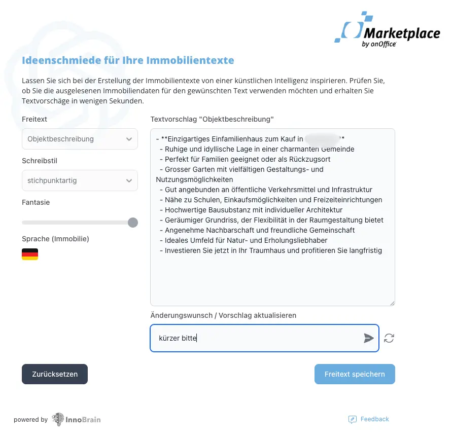 OnOffice AI-Writer kurze Prompt