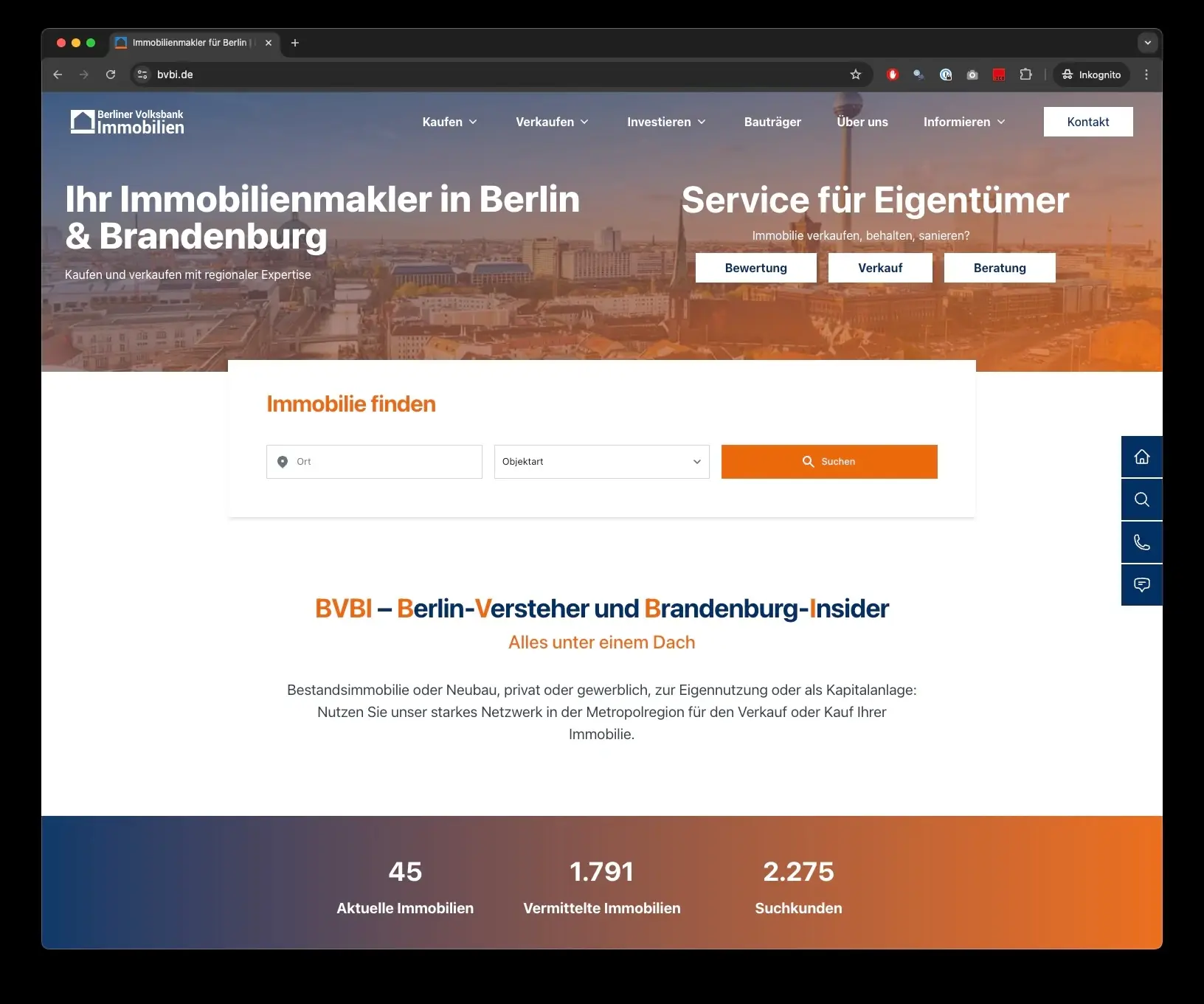 Beispielhafte Makler-Website mit regionalem Fokus für Berlin & Brandenburg, übersichtlicher Navigation und zentral platzierter Immobiliensuche zur einfachen Bedienbarkeit