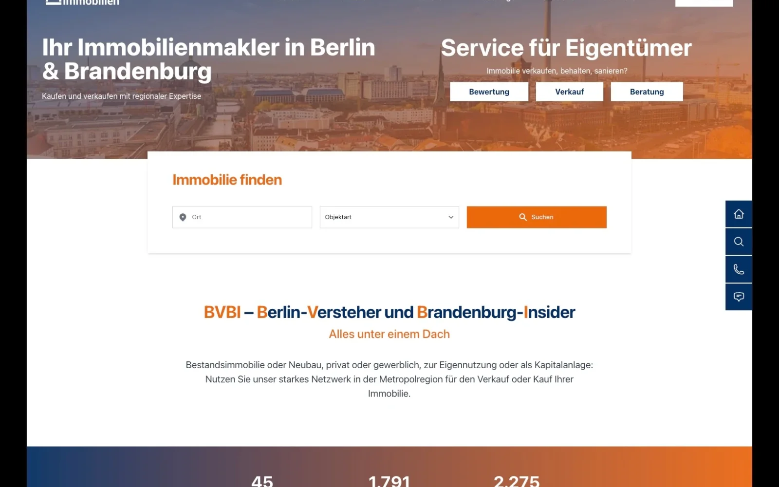 Beispielhafte Makler-Website mit regionalem Fokus für Berlin & Brandenburg, übersichtlicher Navigation und zentral platzierter Immobiliensuche zur einfachen Bedienbarkeit
