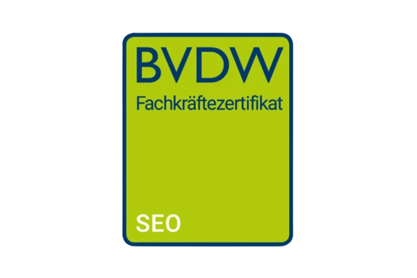 Fachkräftezertifikat des Bundesverband Digitale Wirtschaft (BVDW) e.V. ausgestellt für eine SEO-Fachkraft