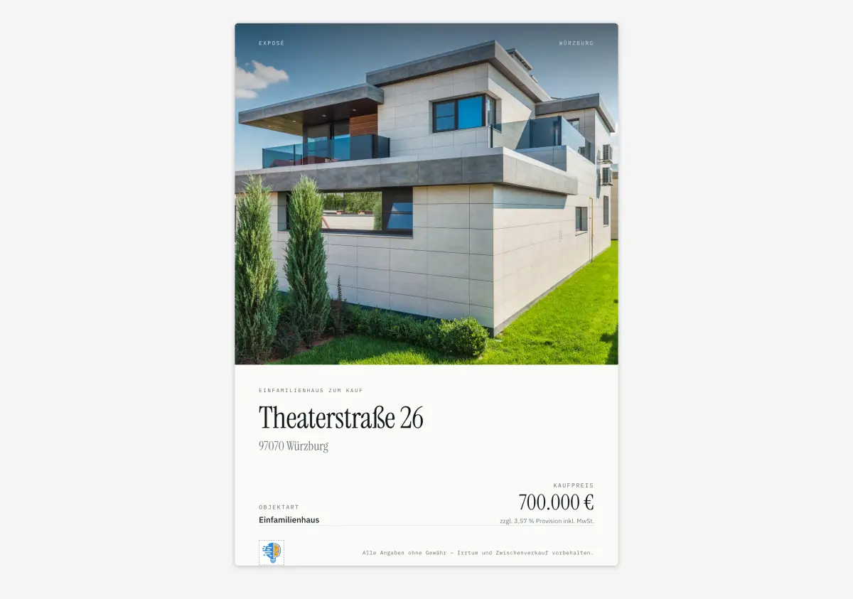 Exposé-Titelblatt ohne Design-System mit großem Hausfoto, Adresse und Kaufpreis auf hellem Grund