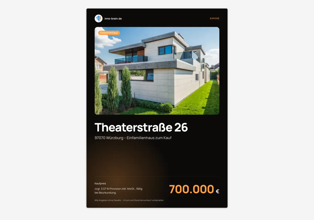Exposé-Titelblatt im Design-System von InnoBrain mit Logo, Hausfoto und orangefarbenem Kaufpreis auf dunklem Grund