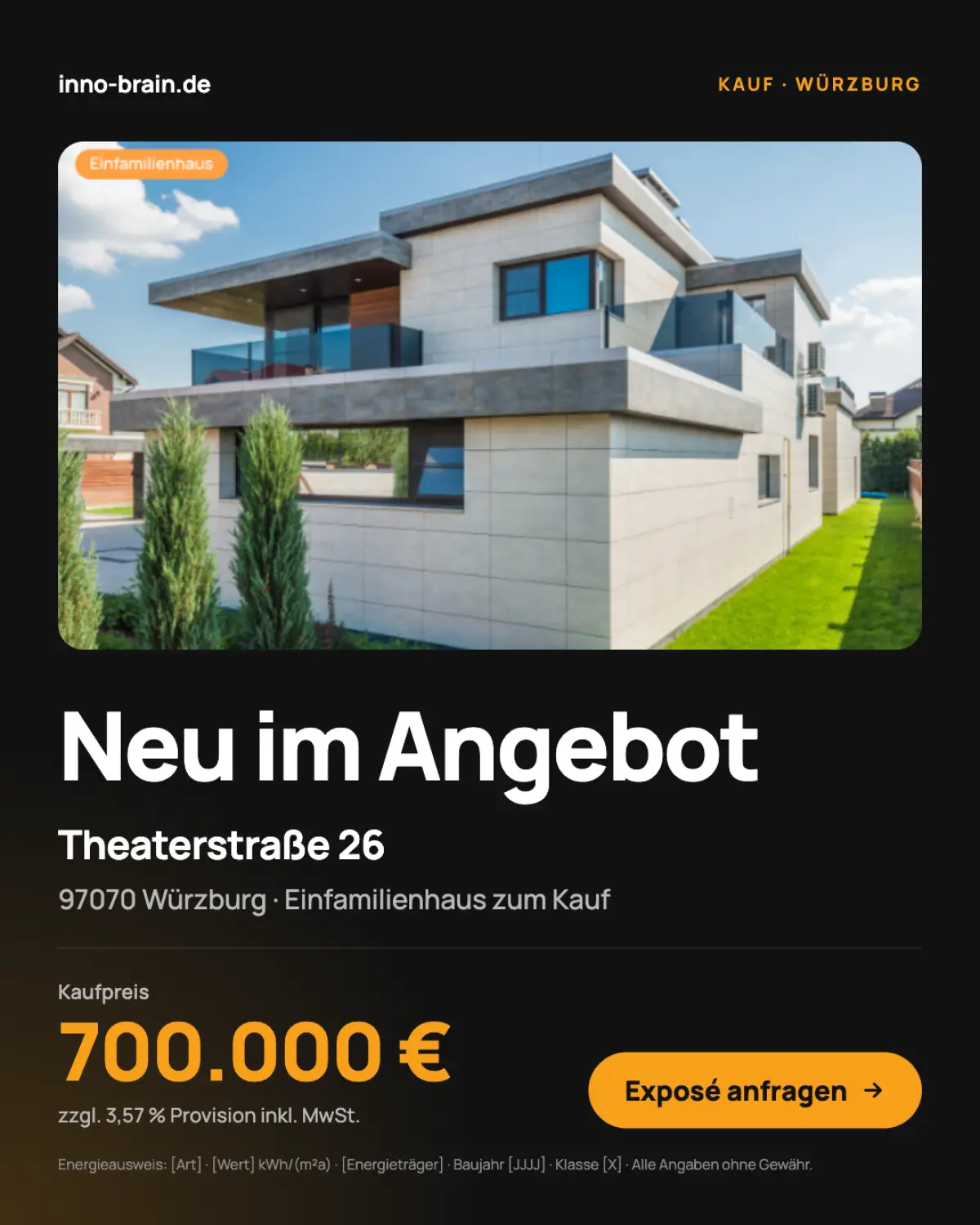 Social-Media-Beitrag zu einem neuen Objekt im Design-System von InnoBrain mit Logo, Hausfoto und orangefarbenem Kaufpreis auf dunklem Grund