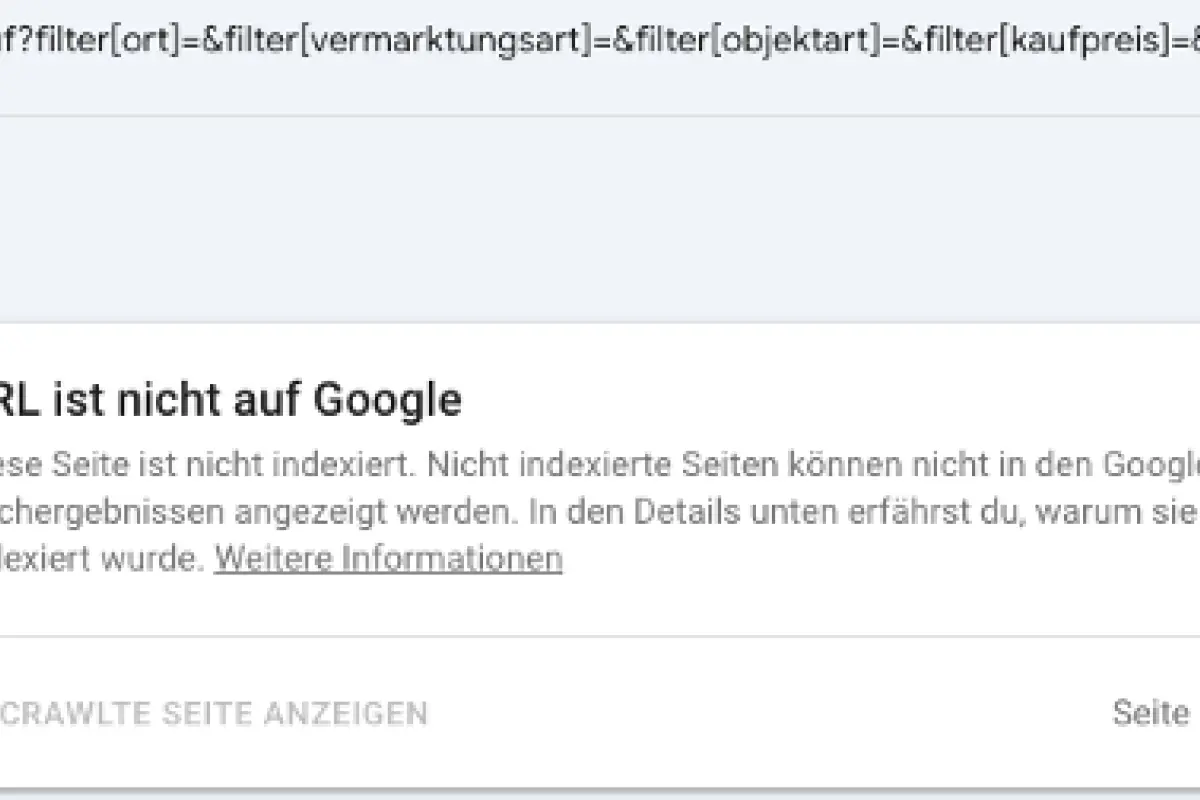 Ein Screenshot der Google Search Console mit einer URL-Prüfung. Die Meldung „URL ist nicht auf Google“ zeigt, dass die geprüfte dynamische Filterseite nicht indexiert wurde und somit nicht in den Suchergebnissen erscheint.