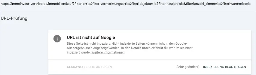 Ein Screenshot der Google Search Console mit einer URL-Prüfung. Die Meldung „URL ist nicht auf Google“ zeigt, dass die geprüfte dynamische Filterseite nicht indexiert wurde und somit nicht in den Suchergebnissen erscheint.