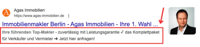 Ein Screenshot einer Google-Suchergebnisseite. Die Meta-Beschreibung des Suchergebnisses „Ihre führenden Top-Makler – zuverlässig mit Leistungsgarantie ✓ das Komplettpaket für Verkäufer und Vermieter ➜ Jetzt hier anfragen!“ wird durch eine rote Markierung hervorgehoben.
