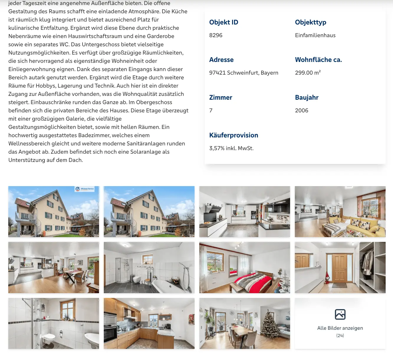 Detailansicht einer Immobilienanzeige mit umfangreicher Beschreibung, Eckdaten eines Einfamilienhauses in Schweinfurt, Bayern, sowie einer übersichtlichen Galerie mit hochwertigen Bildern der Immobilie