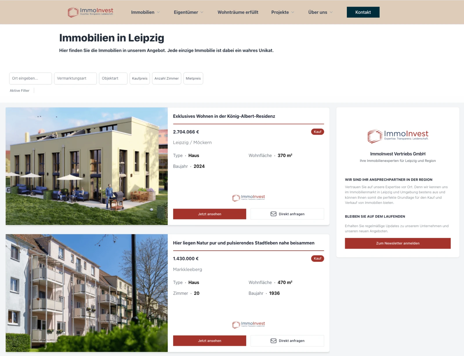Screenshot der Website von ImmoInvest Leipzig GmbH