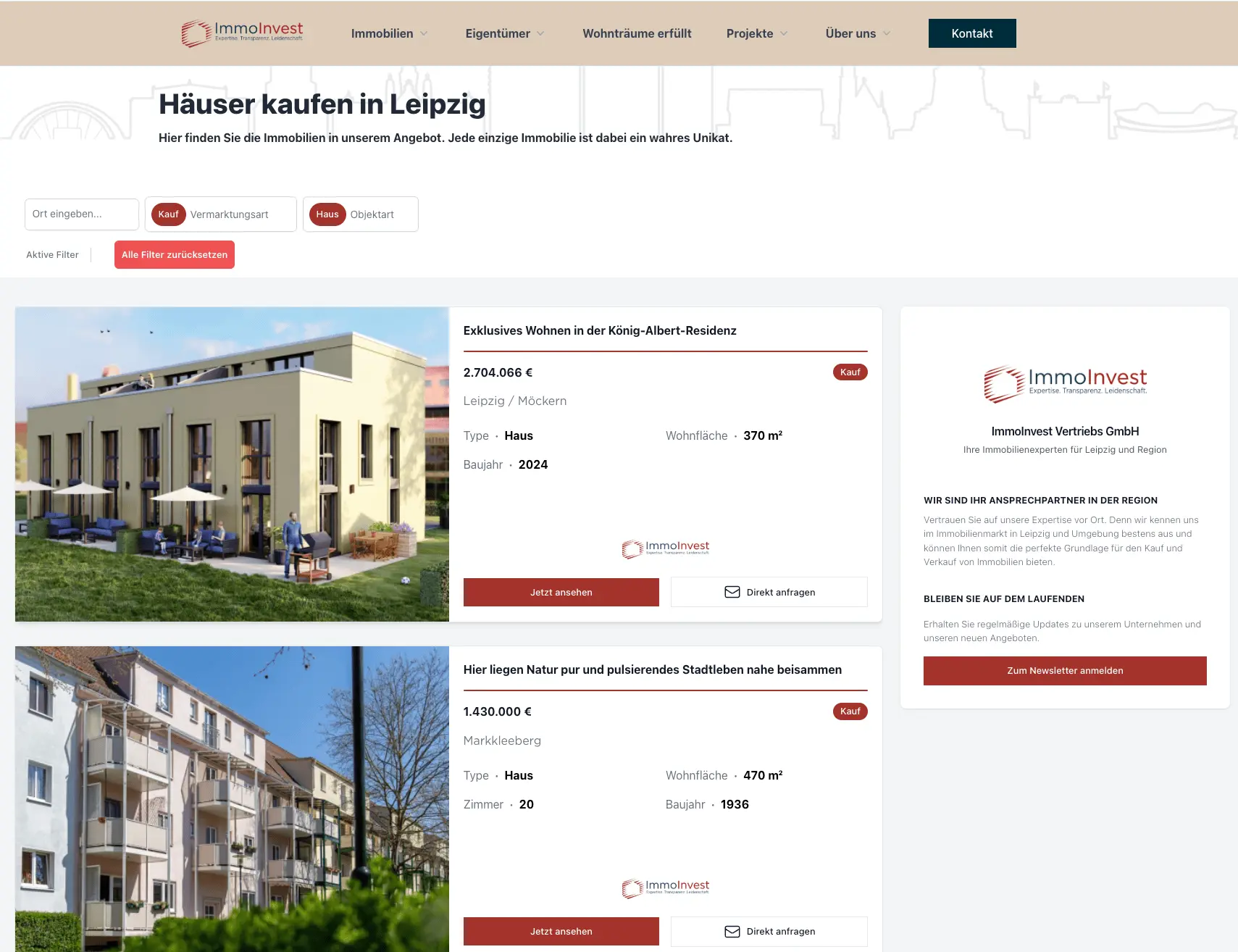 Ein Screenshot einer Immobilien-Website mit einer statisch gefilterten Unterseite für den Kauf von Häusern in Leipzig. Die Filtereinstellungen wurden so konfiguriert, dass ausschließlich Kaufangebote für Häuser sichtbar sind.