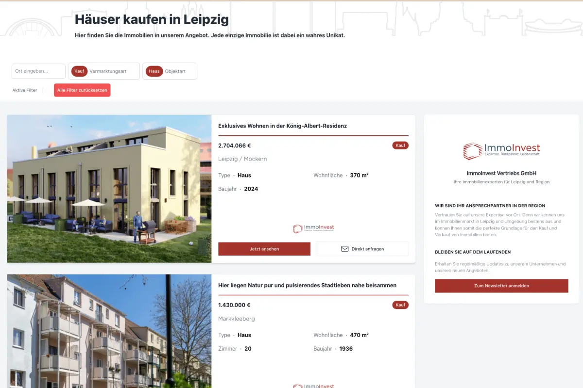 Ein Screenshot einer Immobilien-Website mit einer statisch gefilterten Unterseite für den Kauf von Häusern in Leipzig. Die Filtereinstellungen wurden so konfiguriert, dass ausschließlich Kaufangebote für Häuser sichtbar sind.