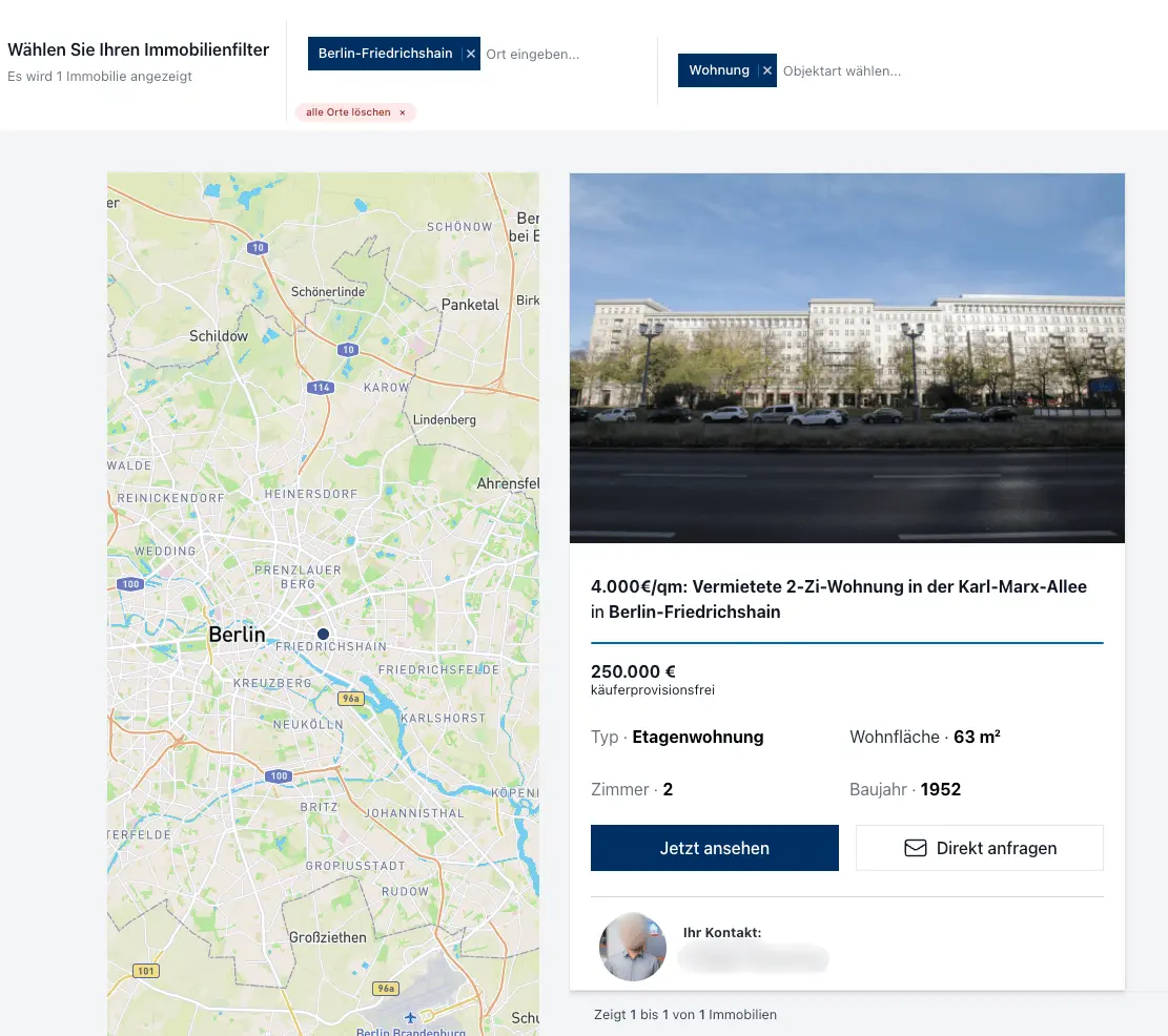 Screenshot einer Immobilienwebsite mit Kartenansicht, Immobilienfilter und Kurzbeschreibung eines Objekts in Berlin-Friedrichshain mit relevanten Details wie Preis, Wohnfläche und Baujahr