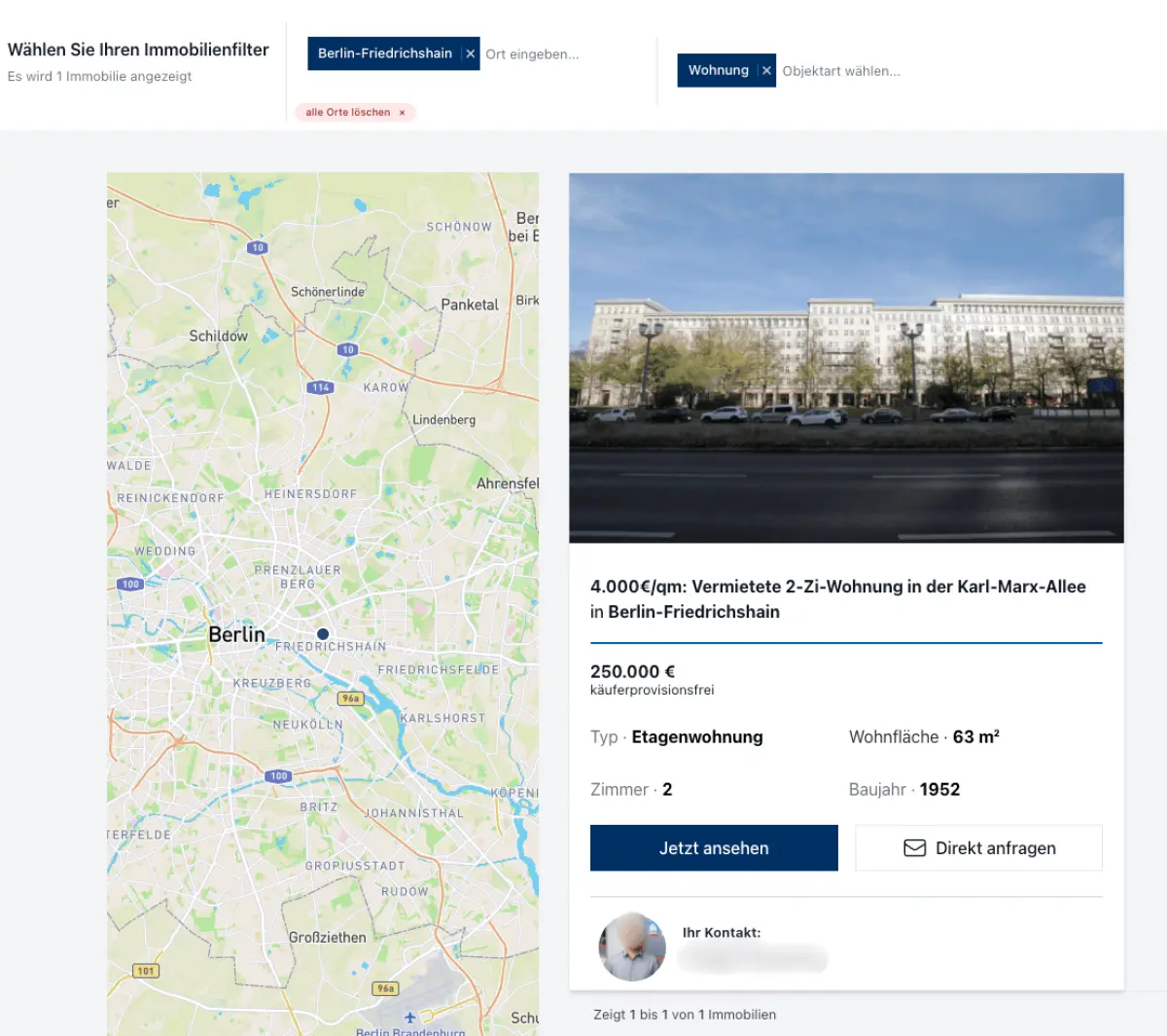 Screenshot einer Immobilienwebsite mit Kartenansicht, Immobilienfilter und Kurzbeschreibung eines Objekts in Berlin-Friedrichshain mit relevanten Details wie Preis, Wohnfläche und Baujahr