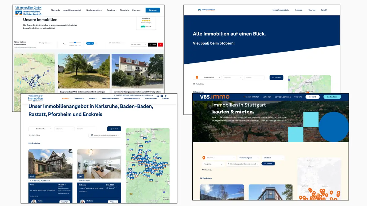 Vier Immobilienportale von Volksbank- und VR-Bank-Maklern mit Suchmaske, Kartenansicht und Objektlisten