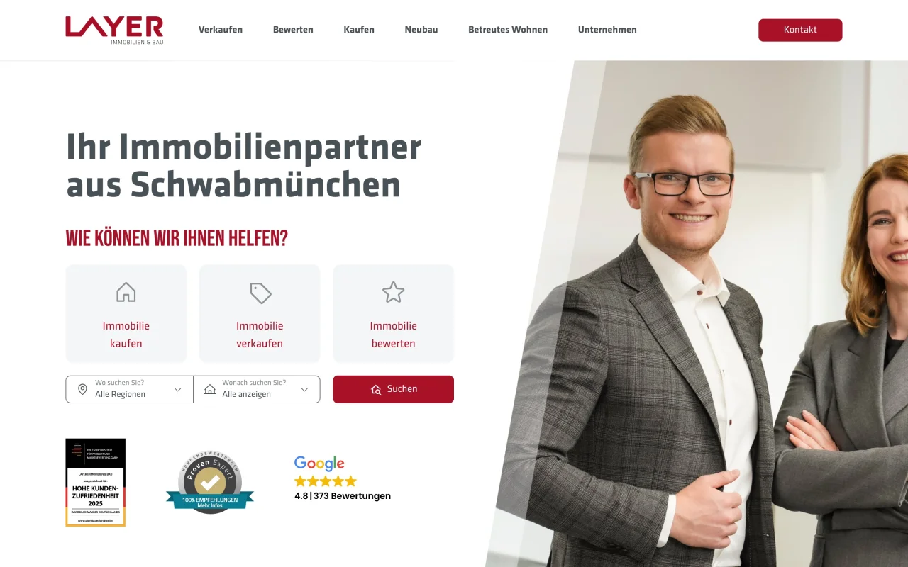 Startseite von Layer Immobilien & Bau mit Google-Bewertung 4,8 Sterne und Auszeichnungen