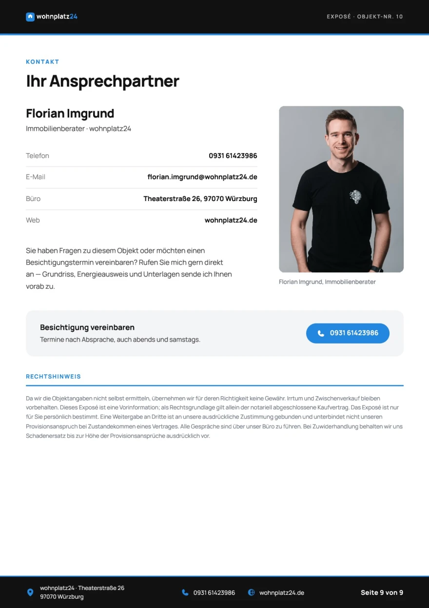 Beispiel-Exposé Seite 9: Ansprechpartner mit Kontaktdaten