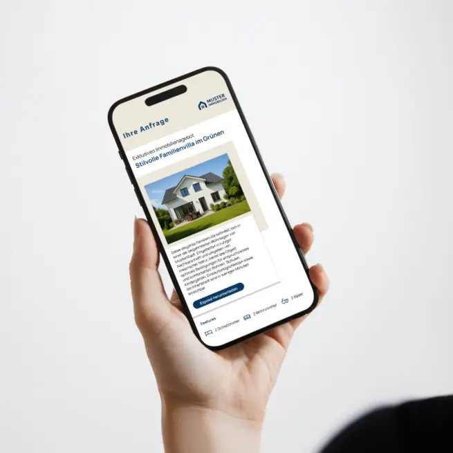 Hand hält Smartphone mit Immobilienangebot: ‚Stilvolle Familienvilla im Grünen‘ mit Hausfoto, Button ‚Exposé herunterladen‘ und Feature-Icons.