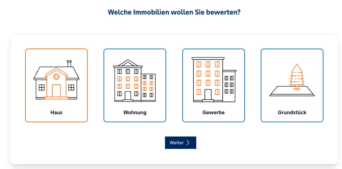 Intuitives Online-Bewertungstool für Immobilien, bei dem Nutzer auswählen können, ob sie ein Haus, eine Wohnung, Gewerbeimmobilie oder ein Grundstück bewerten lassen möchten