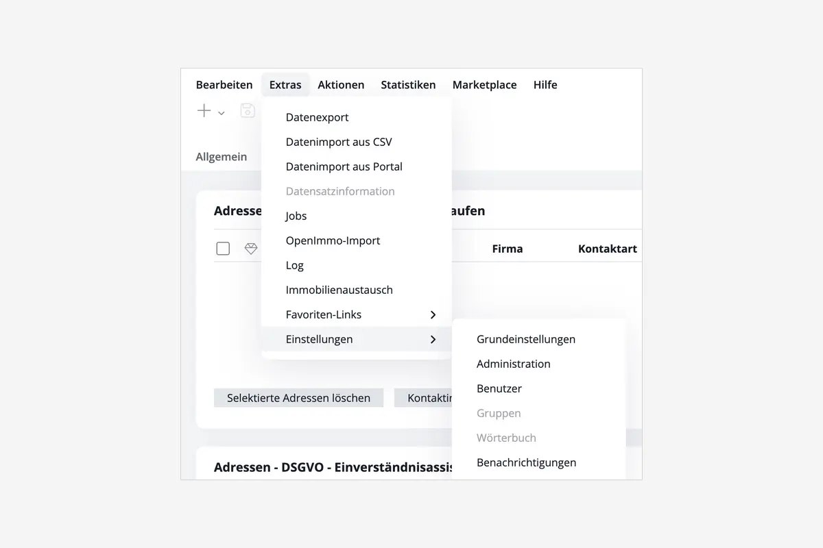 Menü in onOffice enterprise: Extras, Einstellungen, Benutzer