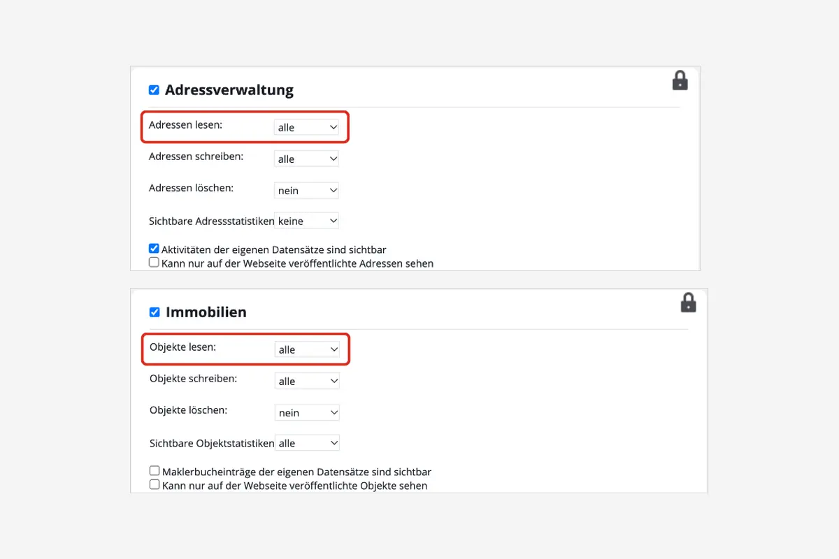 onOffice enterprise, Reiter Rechte: „Adressen lesen“ und „Objekte lesen“ auf „alle“