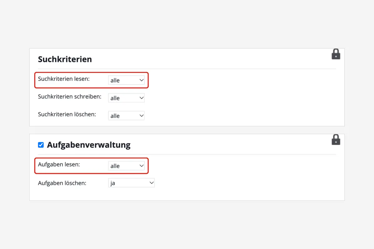 onOffice enterprise, Kästen Suchkriterien und Aufgabenverwaltung: „Suchkriterien lesen“ und „Aufgaben lesen“ auf „alle“
