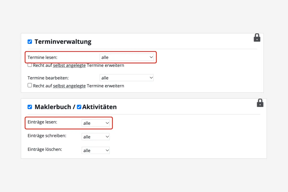 onOffice enterprise, Kästen Terminverwaltung und Maklerbuch / Aktivitäten: „Termine lesen“ und „Einträge lesen“ auf „alle“