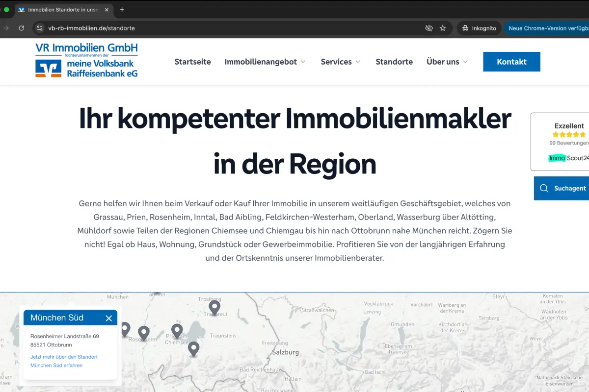 Screenshot einer regional ausgerichteten Immobilienmakler-Website mit deutlicher Standortkommunikation und interaktiver Kartenfunktion zur Hervorhebung verschiedener Geschäftsstandorte in der Region