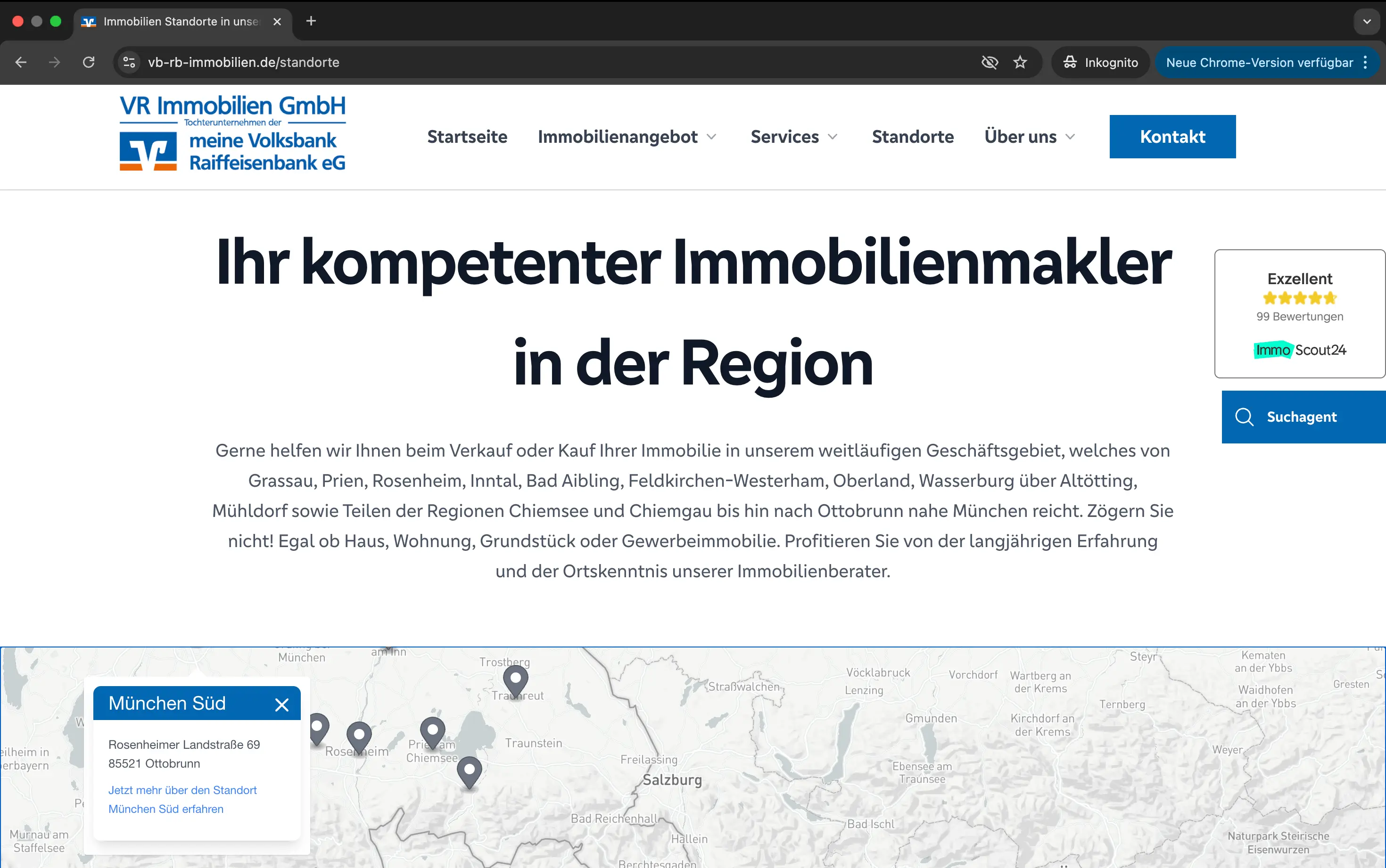 Screenshot einer regional ausgerichteten Immobilienmakler-Website mit deutlicher Standortkommunikation und interaktiver Kartenfunktion zur Hervorhebung verschiedener Geschäftsstandorte in der Region