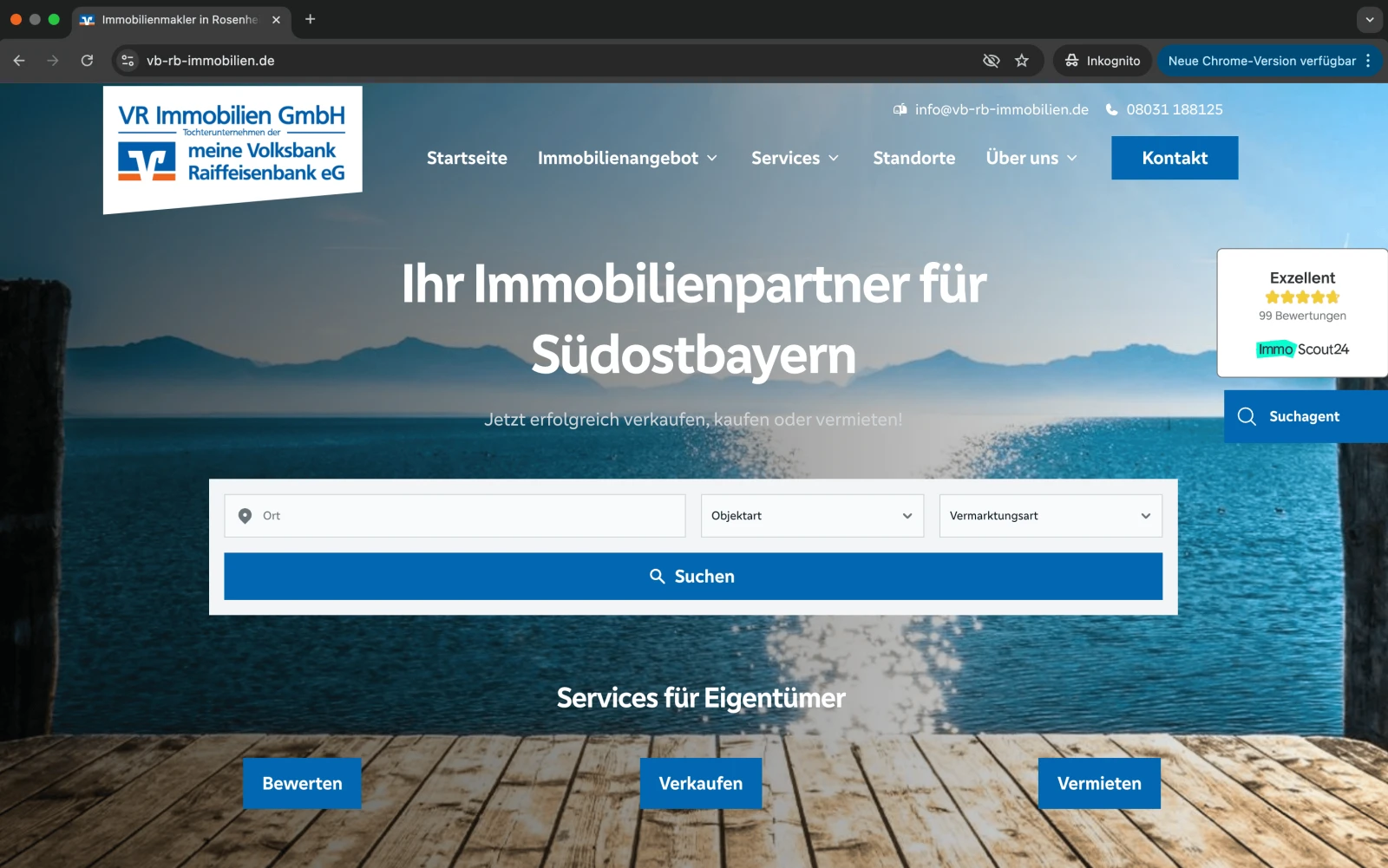 Screenshot der Website von Volksbank Rosenheim Immobilien GmbH