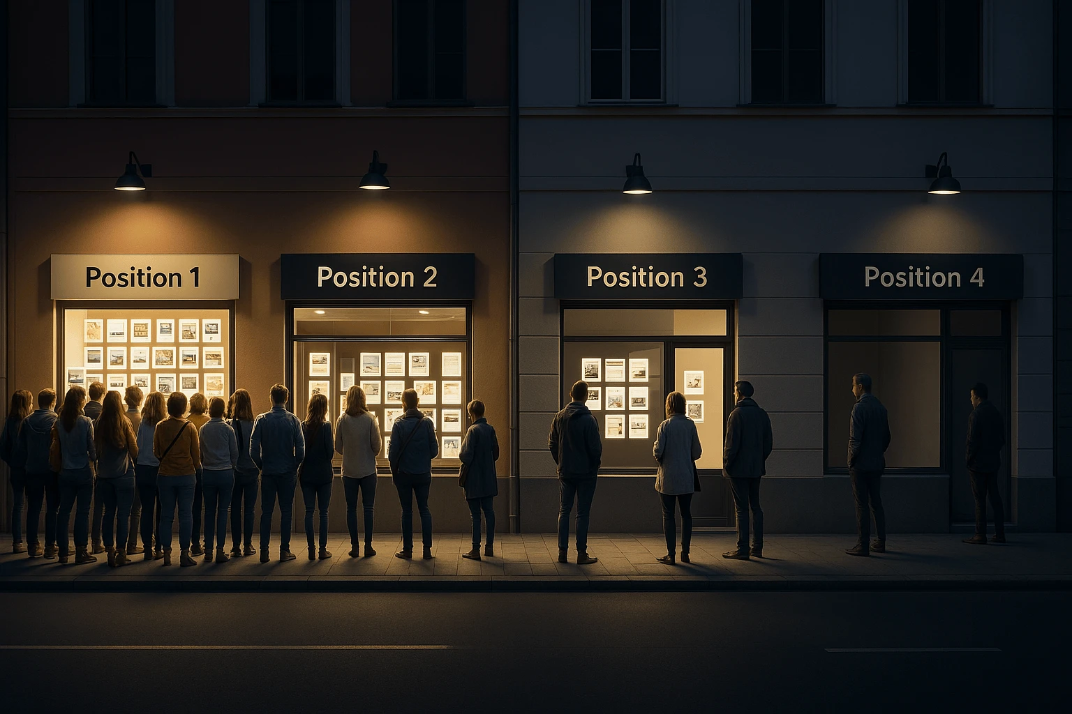 Straßenszene bei Nacht mit vier nebeneinanderliegenden Immobilienbüros, beschriftet mit 'Position 1' bis 'Position 4'. Vor 'Position 1' steht eine große Menschenmenge, das Schaufenster ist hell beleuchtet und voll mit Angeboten. Von links nach rechts nehmen Beleuchtung, Anzahl der Exposés und Besucher sichtbar ab – bei 'Position 4' steht nur eine einzelne Person vor einem dunklen, fast leeren Schaufenster. Die Szene visualisiert metaphorisch den abnehmenden Traffic auf niedrigeren Positionen der Google-Suchergebnisseite (SERP).
