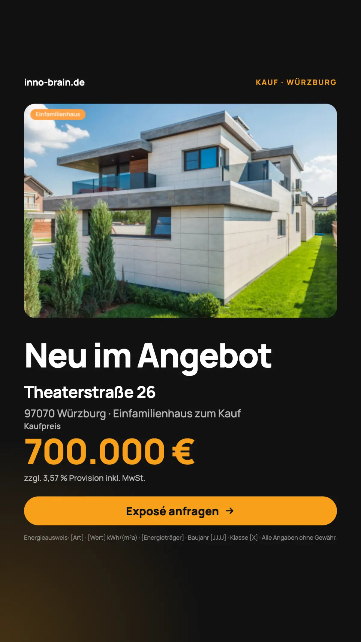 Social-Media-Story zu einem neuen Objekt im Design-System von InnoBrain mit Logo, Hausfoto und orangefarbenem Kaufpreis auf dunklem Grund