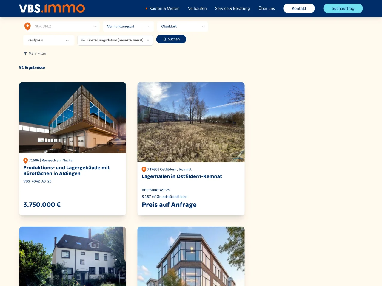 Immobilienangebote mit Suchfiltern auf vbs.immo – automatisch aus dem CRM