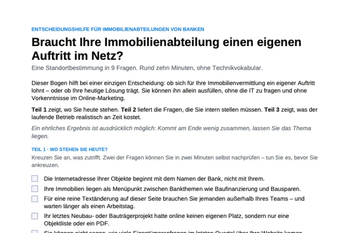 Erste Seite der Entscheidungshilfe für Immobilienabteilungen von Banken mit Checkliste zum eigenen Web-Auftritt