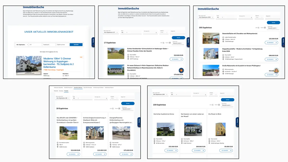Fünf nahezu identische Immobiliensuchen auf Websites von Volksbanken und VR-Banken mit Filterzeile und Objektkacheln