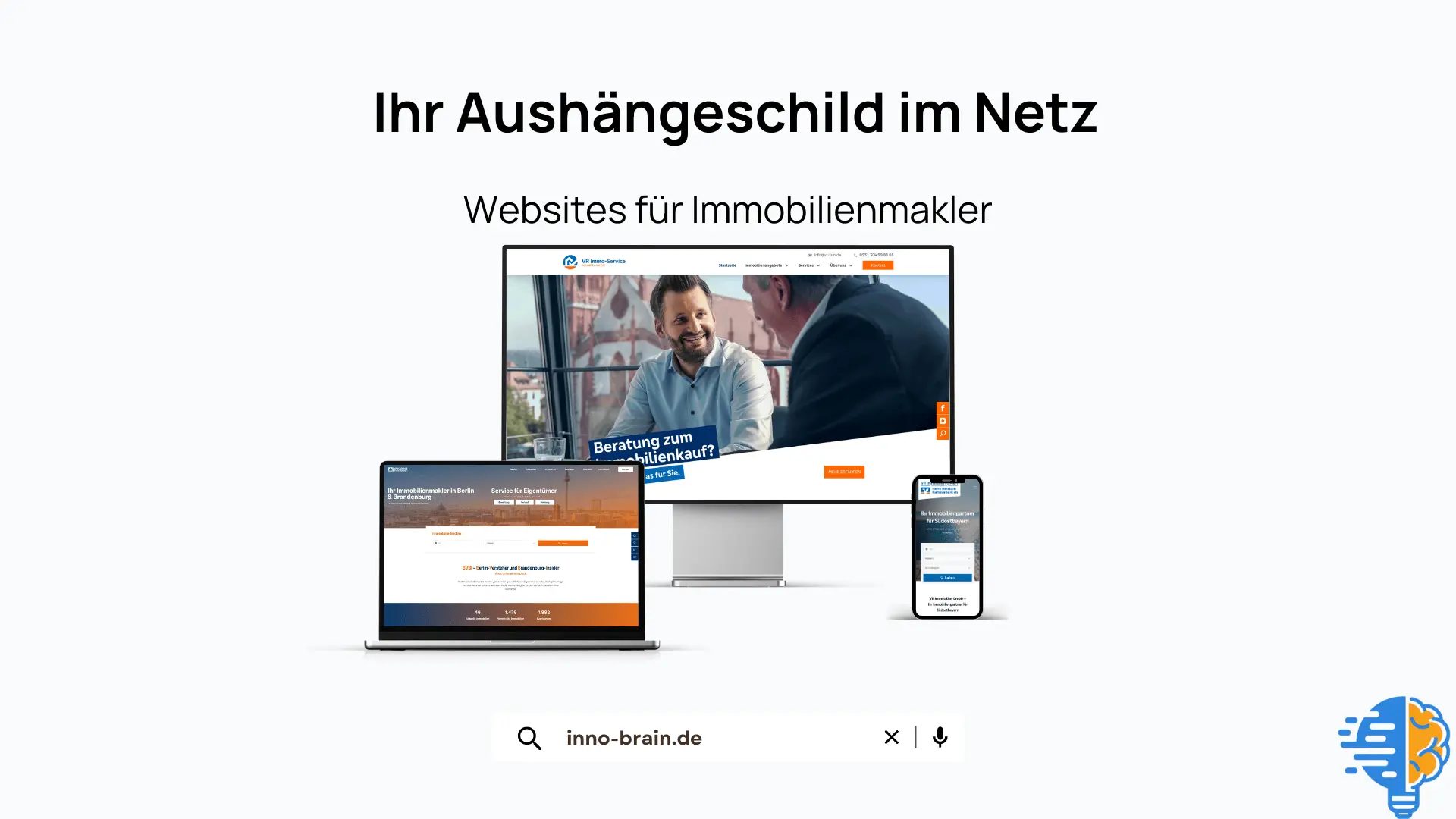 Darstellung von professionellen Immobilienmakler-Websites auf Desktop-, Laptop- und Mobilgeräten, mit dem Text 'Ihr Aushängeschild im Netz – Websites für Immobilienmakler'